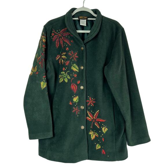 Bob Mackie Embroidered Fleece Jacket Green Button Front Fall Leaves Women’s L - Picture 1 of 6